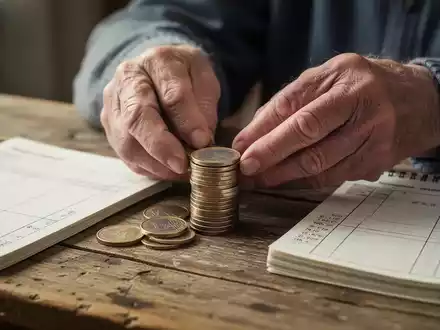 Hände eines älteren Menschen zählen sorgfältig Euro-Münzen auf einem Holztisch, daneben liegt ein geöffnetes Notizbuch. - Foto: über boerse-global.de