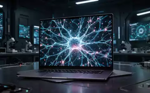 Ein modernes, ultradünnes Laptop mit lebendigem OLED-Bildschirm, der abstrakte KI-Muster zeigt, in einer Hightech-Umgebung. - Foto: über boerse-global.de