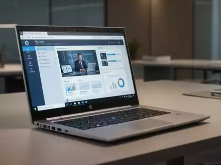 Modernes HP EliteBook-Laptop, teilweise geöffnet, auf einem minimalistischen Schreibtisch in einem professionellen Büro. - Foto: über boerse-global.de