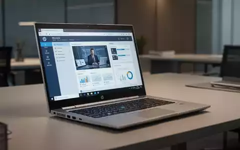 Modernes HP EliteBook-Laptop, teilweise geöffnet, auf einem minimalistischen Schreibtisch in einem professionellen Büro. - Foto: über boerse-global.de