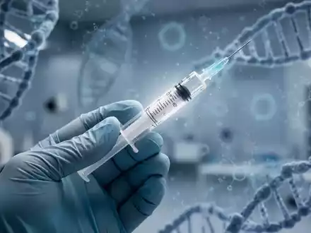 Eine Nahaufnahme einer medizinischen Spritze, gehalten von einer behandschuhten Hand in einem Labor, mit verschwommenen DNA-Mustern im Hintergrund. - Foto: über boerse-global.de