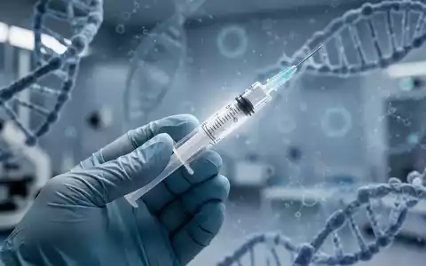 Eine Nahaufnahme einer medizinischen Spritze, gehalten von einer behandschuhten Hand in einem Labor, mit verschwommenen DNA-Mustern im Hintergrund. - Foto: über boerse-global.de