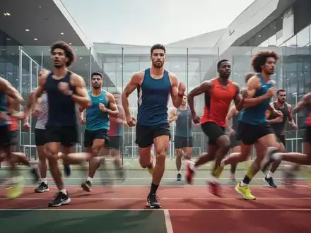 Eine Gruppe von Athleten in Bewegung, verschwommen im Vordergrund, mit einer modernen Sportanlage im Hintergrund, die Energie ausstrahlt. - Foto: über boerse-global.de