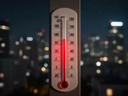 Ein Thermometer zeigt eine hohe Temperatur in der Nacht, mit einer verschwommenen Stadtlandschaft im Hintergrund. - Foto: über boerse-global.de