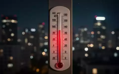 Ein Thermometer zeigt eine hohe Temperatur in der Nacht, mit einer verschwommenen Stadtlandschaft im Hintergrund. - Foto: über boerse-global.de