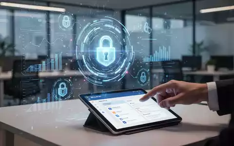 Leuchtende KI-Agenten-Oberfläche mit Datenvisualisierungen und Sicherheitssymbolen, Hand über Tablet in einem Büro. - Foto: über boerse-global.de