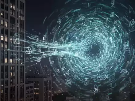 Digitale Illustration von Daten, die aus einem Firmengebäude in einen wirbelnden Strudel fließen, symbolisiert KI-Wissensabfluss. - Foto: über boerse-global.de