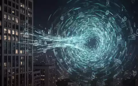 Digitale Illustration von Daten, die aus einem Firmengebäude in einen wirbelnden Strudel fließen, symbolisiert KI-Wissensabfluss. - Foto: über boerse-global.de