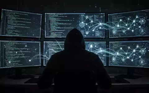 Eine dunkle Figur vor mehreren leuchtenden Computerbildschirmen, die Code und Netzwerkdiagramme zeigen, symbolisiert eine Botnet-Operation. - Foto: über boerse-global.de