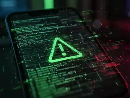 Nahaufnahme eines Smartphone-Bildschirms mit abstraktem, glitching digitalem Code und bedrohlichen Lichtreflexen. Fokus auf Cybersicherheit. - Foto: über boerse-global.de