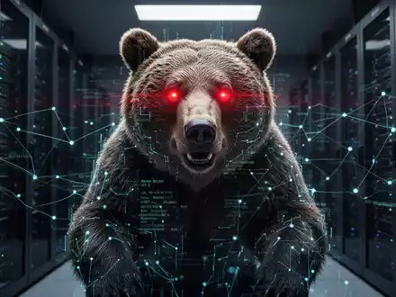 Digitaler Bär mit roten Augen, integriert mit Netzwerkleitungen und Code, symbolisiert russische staatlich geförderte Cyberangriffe. - Foto: über boerse-global.de