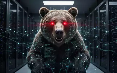 Digitaler Bär mit roten Augen, integriert mit Netzwerkleitungen und Code, symbolisiert russische staatlich geförderte Cyberangriffe. - Foto: über boerse-global.de