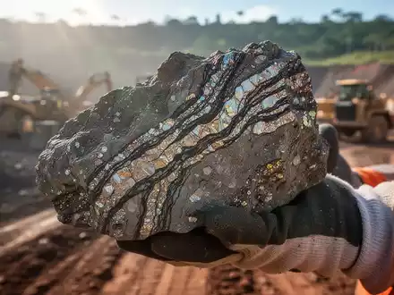 Geologische Kernprobe mit metallischen Adern, von einer behandschuhten Hand gehalten, vor dem Hintergrund einer Explorationsstätte in Brasilien. - Foto: über boerse-global.de