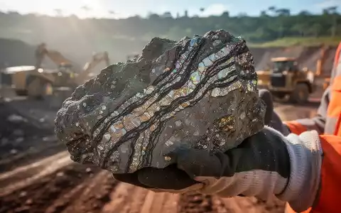 Geologische Kernprobe mit metallischen Adern, von einer behandschuhten Hand gehalten, vor dem Hintergrund einer Explorationsstätte in Brasilien. - Foto: über boerse-global.de