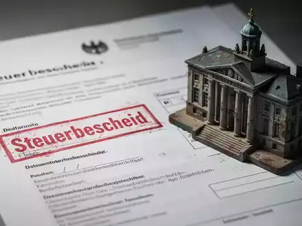 Ein Steuerbescheid mit rotem Stempel neben einem Modell eines Rathauses, symbolisiert die Steueraffäre in Homburg und neue Entwicklungen. - Foto: über boerse-global.de