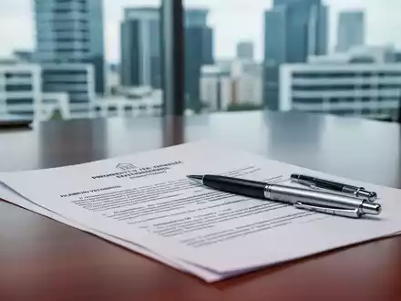 Ein Detailbild eines Mietvertrags oder Rechtsdokuments auf einem Schreibtisch mit einem Stift. Im Hintergrund verschwommen eine Stadtansicht. - Foto: über boerse-global.de