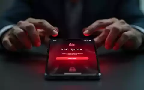 Ein Smartphone-Bildschirm zeigt eine gefälschte 'KYC-Update'-Benachrichtigung, mit unscharfen Händen im Hintergrund, was auf Cyberbetrug hinweist. - Foto: über boerse-global.de
