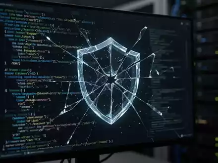 Leuchtendes, zerbrochenes Schild-Symbol auf dunklem digitalem Bildschirm mit abstraktem Code, symbolisiert kritischen Zero-Day-Exploit. - Foto: über boerse-global.de