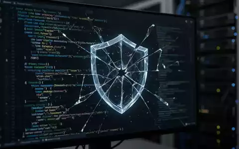 Leuchtendes, zerbrochenes Schild-Symbol auf dunklem digitalem Bildschirm mit abstraktem Code, symbolisiert kritischen Zero-Day-Exploit. - Foto: über boerse-global.de