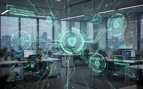 Abstrakte Darstellung der Digitalisierung der Arbeitsverwaltung mit leuchtenden Datenströmen und holografischen Schnittstellen. - Foto: über boerse-global.de