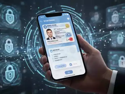 Eine Hand hält ein Smartphone, das eine digitale Identitätskarte und einen Führerschein anzeigt, mit verschwommenem Hintergrund. - Foto: über boerse-global.de