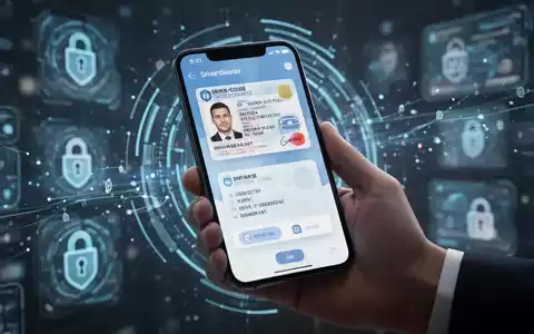 Eine Hand hĂ€lt ein Smartphone, das eine digitale IdentitĂ€tskarte und einen FĂŒhrerschein anzeigt, mit verschwommenem Hintergrund. - Foto: ĂŒber boerse-global.de