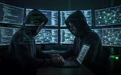 Verschattete Gestalt in Kapuzenjacke tippt auf Laptop in dunklem Raum, umgeben von mehreren leuchtenden Bildschirmen mit Code. - Foto: über boerse-global.de