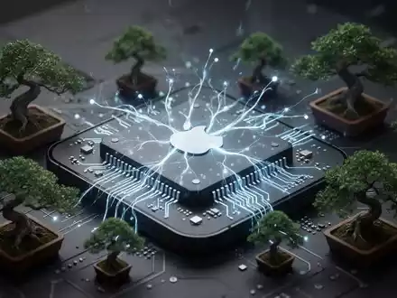 Ein stilisiertes iPhone-Motherboard mit integrierten leuchtenden neuronalen Netzwerken, umgeben von winzigen Bonsai-BĂ€umen. - Foto: ĂŒber boerse-global.de