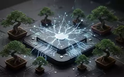 Ein stilisiertes iPhone-Motherboard mit integrierten leuchtenden neuronalen Netzwerken, umgeben von winzigen Bonsai-Bäumen. - Foto: über boerse-global.de