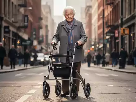 Eine ältere Person überquert sicher eine Straße mit einem Rollator, im Hintergrund eine belebte Stadtansicht. - Foto: über boerse-global.de