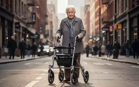 Eine ältere Person überquert sicher eine Straße mit einem Rollator, im Hintergrund eine belebte Stadtansicht. - Foto: über boerse-global.de