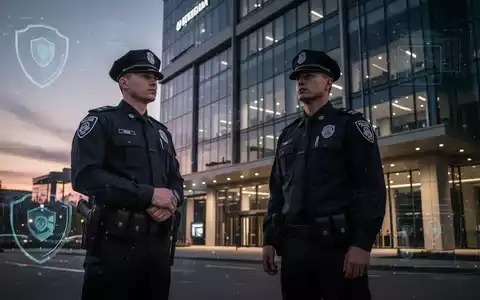 Ein Sicherheitsbeamter in Uniform steht vor einem modernen Geschäftsgebäude bei Dämmerung und überwacht den Bereich. - Foto: über boerse-global.de