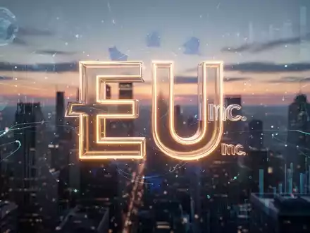 Eine stilisierte, leuchtende 3D-Darstellung der Buchstaben „EU“ verschlungen mit einem „Inc.“-Symbol über einer Stadt bei Dämmerung. - Foto: über boerse-global.de