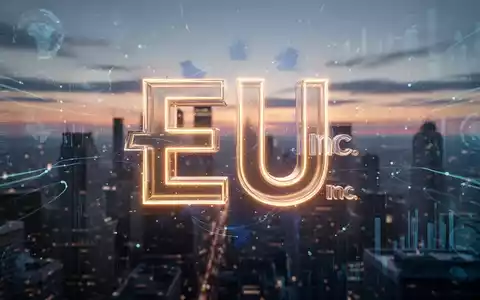 Eine stilisierte, leuchtende 3D-Darstellung der Buchstaben „EU“ verschlungen mit einem „Inc.“-Symbol über einer Stadt bei Dämmerung. - Foto: über boerse-global.de