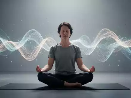 Eine Person meditiert ruhig, visualisiert Wellen von Gedanken und Emotionen, die vorbeiziehen, in einer ruhigen, minimalistischen Umgebung. - Foto: über boerse-global.de