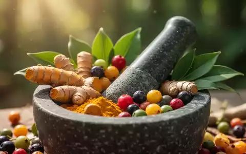 Mörser und Stößel mit Kurkuma, Ingwer, Beeren und grünen Blättern, beleuchtet von Sonnenlicht, symbolisieren natürliche Heilmittel. - Foto: über boerse-global.de