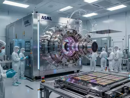 Techniker in einem Reinraum bedienen eine große, fortschrittliche ASML-High-NA-EUV-Lithografiemaschine mit leuchtenden Innenkomponenten. - Foto: über boerse-global.de