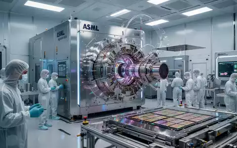 Techniker in einem Reinraum bedienen eine große, fortschrittliche ASML-High-NA-EUV-Lithografiemaschine mit leuchtenden Innenkomponenten. - Foto: über boerse-global.de