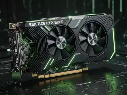Nahaufnahme einer futuristischen NVIDIA GeForce RTX 5060 Grafikkarte, grün leuchtend, mit detaillierten Schaltkreisen und Kühlrippen. - Foto: über boerse-global.de