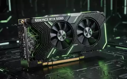 Nahaufnahme einer futuristischen NVIDIA GeForce RTX 5060 Grafikkarte, grün leuchtend, mit detaillierten Schaltkreisen und Kühlrippen. - Foto: über boerse-global.de