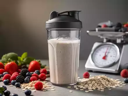 Ein schlanker Shaker mit Diät-Shake, umgeben von frischen Zutaten und einer Waage im Hintergrund. - Foto: über boerse-global.de