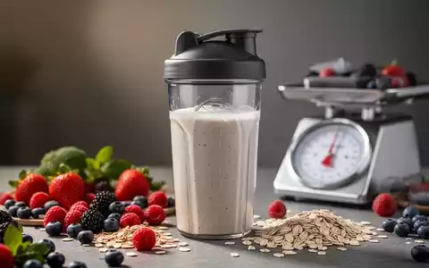 Ein schlanker Shaker mit Diät-Shake, umgeben von frischen Zutaten und einer Waage im Hintergrund. - Foto: über boerse-global.de