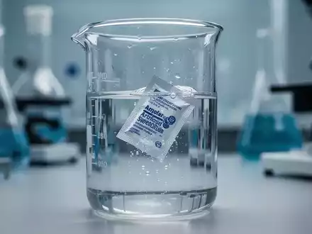 Ein Glasbecher mit einer klaren Flüssigkeit, in dem sich ein Süßstoffpäckchen auflöst, in einer unscharfen Laborumgebung. - Foto: über boerse-global.de