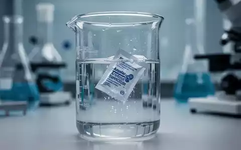 Ein Glasbecher mit einer klaren Flüssigkeit, in dem sich ein Süßstoffpäckchen auflöst, in einer unscharfen Laborumgebung. - Foto: über boerse-global.de