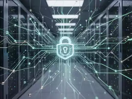 Abstraktes, leuchtendes digitales Netzwerk über Server-Racks, das automatisierte Software-Updates und robuste Cybersicherheit in einem Rechenzentrum symbolisiert. - Foto: über boerse-global.de