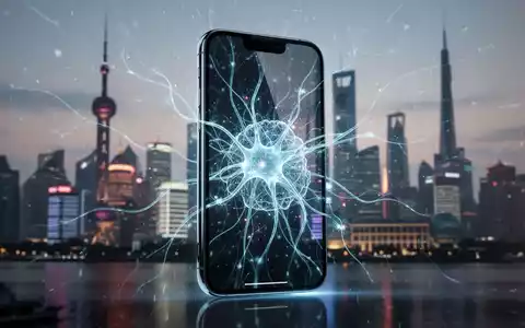 Ein iPhone mit KI-Neuronalnetz-Oberfläche, unscharfe Shanghai-Skyline im Hintergrund. - Foto: über boerse-global.de