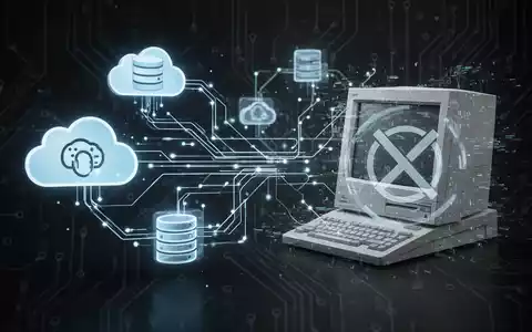 Ätherisches Netzwerk aus Datenleitungen verbindet moderne Cloud-Symbole mit veraltender Hardware, symbolisiert eingestellten Support. - Foto: über boerse-global.de