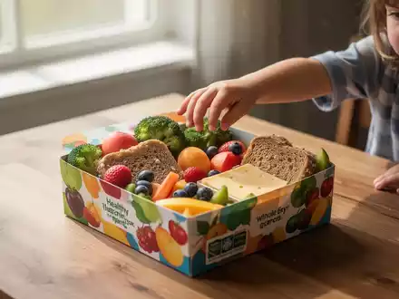 Eine Kinderhand greift nach einer offenen Brotdose mit bunten, gesunden Snacks wie Obst, GemĂŒse und Vollkornbrot. - Foto: ĂŒber boerse-global.de