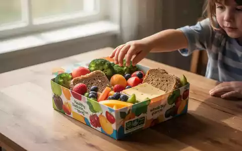 Eine Kinderhand greift nach einer offenen Brotdose mit bunten, gesunden Snacks wie Obst, Gemüse und Vollkornbrot. - Foto: über boerse-global.de