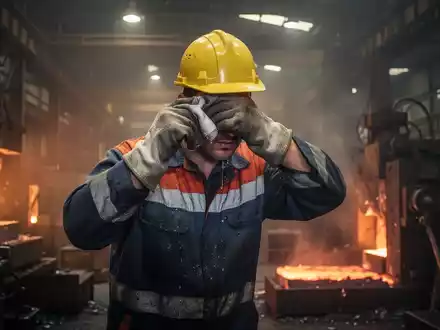 Erschöpfter Fabrikarbeiter wischt sich in einer heißen Industrieumgebung den Schweiß von der Stirn, Symbol für Hitzestress am Arbeitsplatz. - Foto: über boerse-global.de